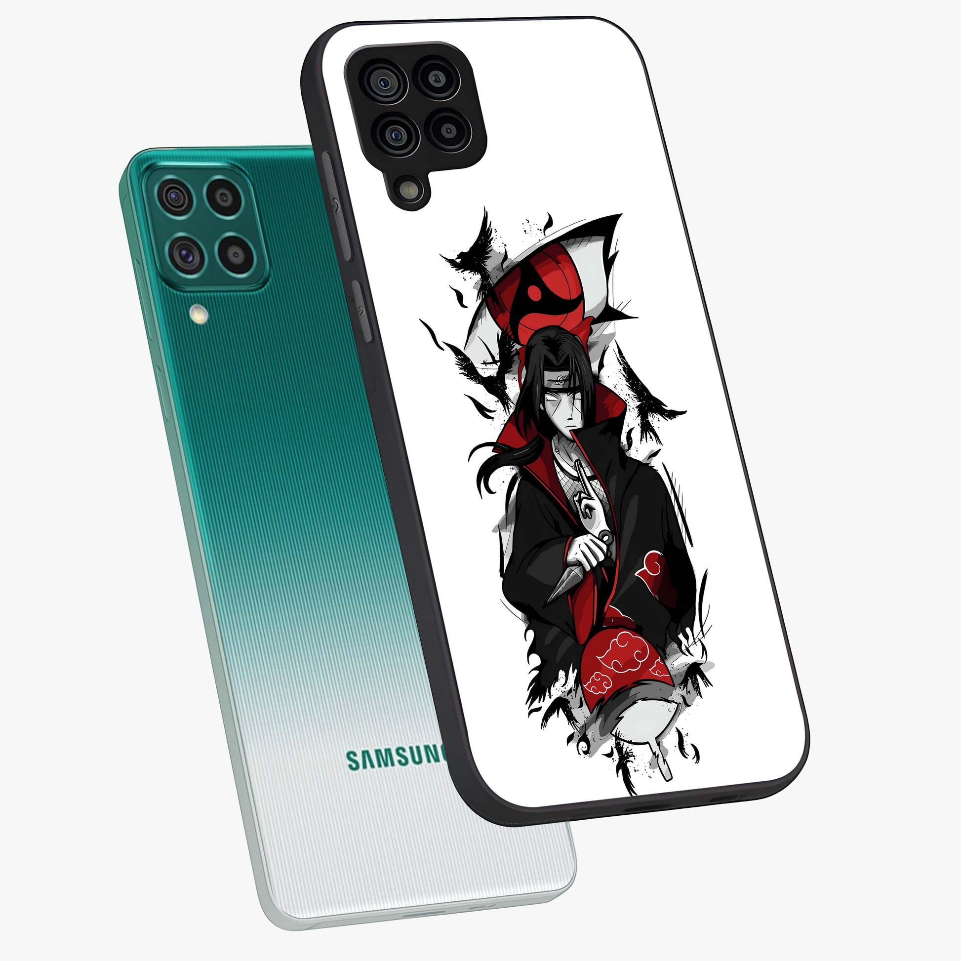 Itachi Limited Edition Naruto Anime Glass Case displayed in angled mockup highlighting dramatic anime illustration with bold action aesthetic.