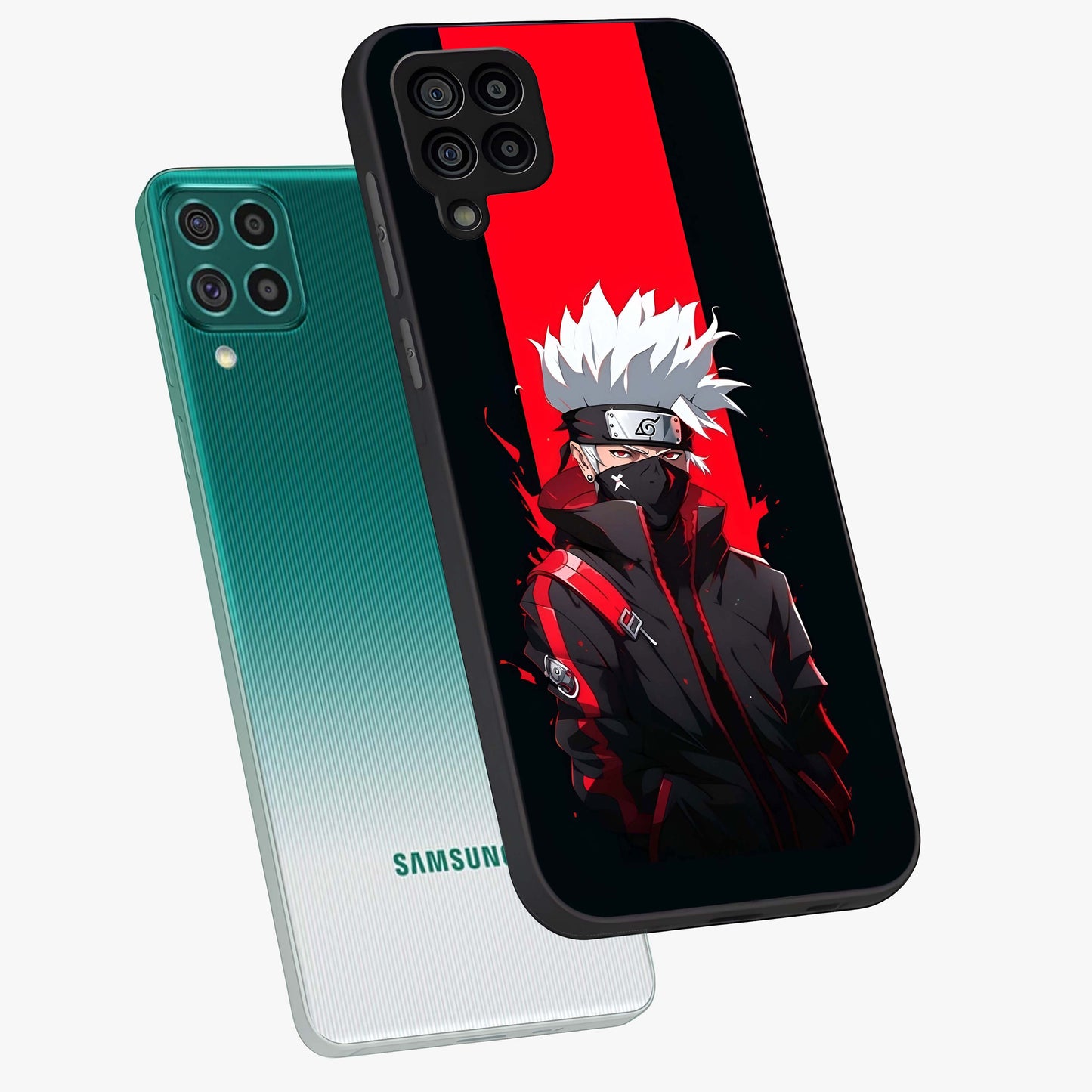Kakashi Scarlet Shadow Glass Case displayed in angled mockup highlighting dramatic ninja illustration with scarlet themed aesthetic.