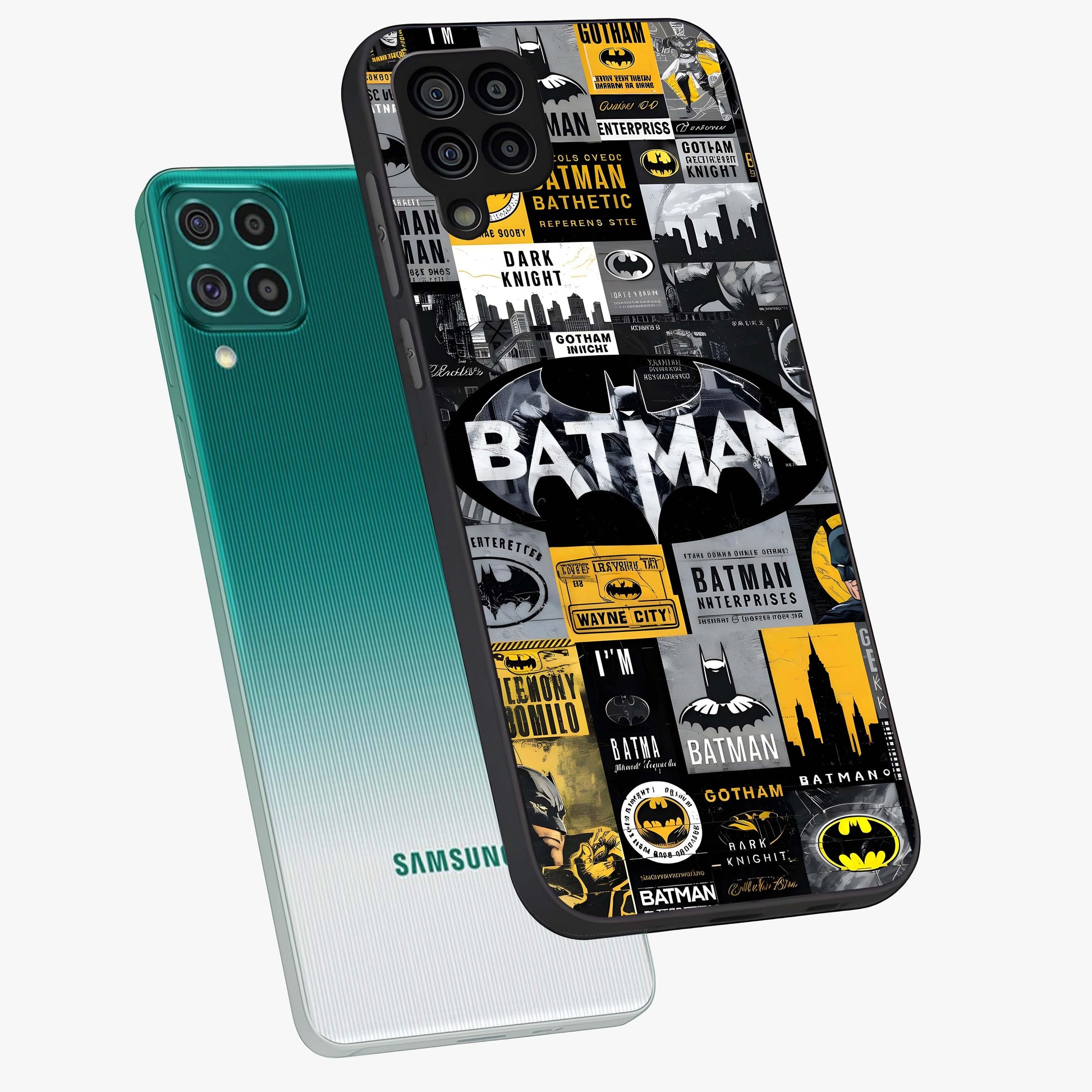 Knight Gotham Rise Glass Case displayed in angled mockup highlighting powerful knight silhouette design with dramatic aesthetic.