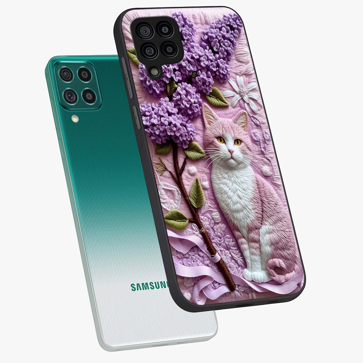 Lavender Cat Whimsy Glass Case displayed in angled mockup highlighting playful feline illustration with pastel lavender aesthetic.