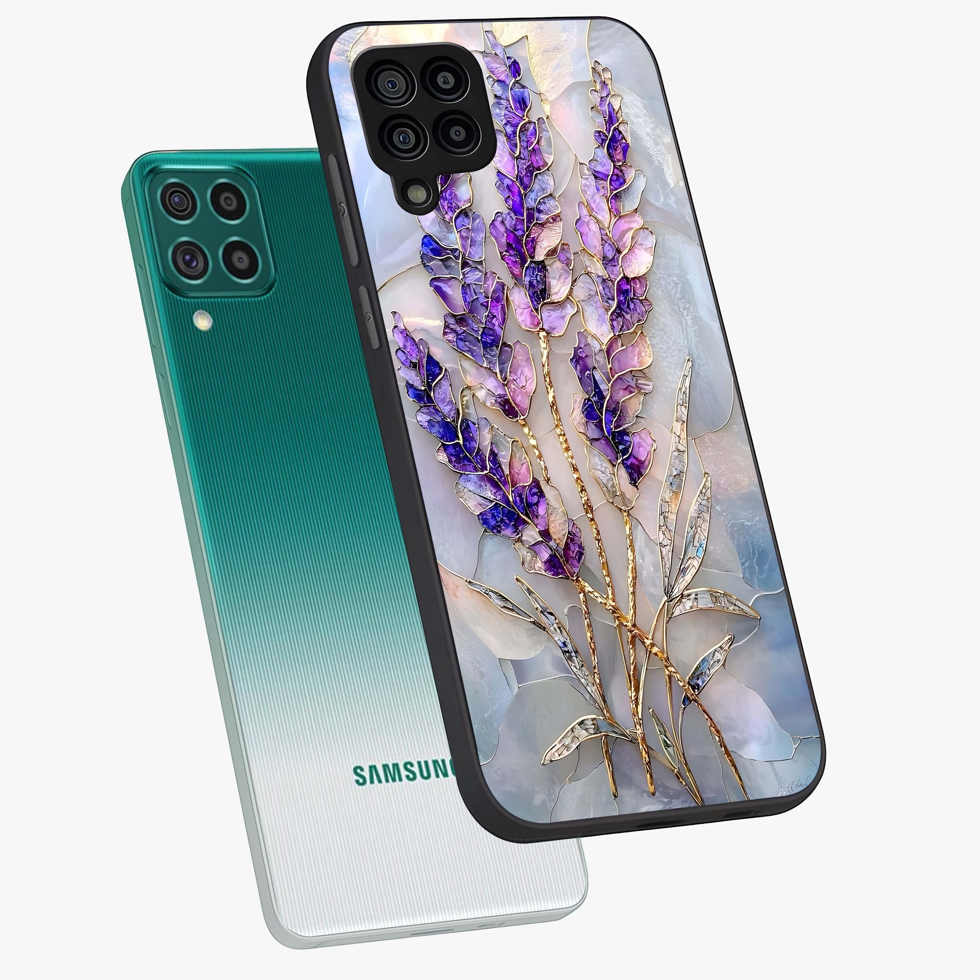Lavender Dream Glow Glass Case displayed in angled mockup highlighting dreamy purple glow design with soft artistic style.