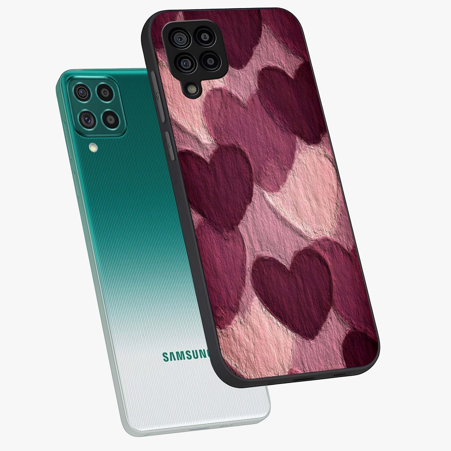 Layered Paper Hearts Glass Case displayed in angled mockup highlighting creative paper craft heart design with romantic aesthetic.
