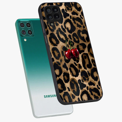 Leopard Wild Cherry Glass Case displayed in angled mockup highlighting bold animal print design with playful cherry aesthetic.