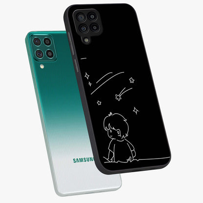 Line Art Boy With Shooting Stars Glass Case displayed in angled mockup highlighting elegant line art design with dreamy star aesthetic.