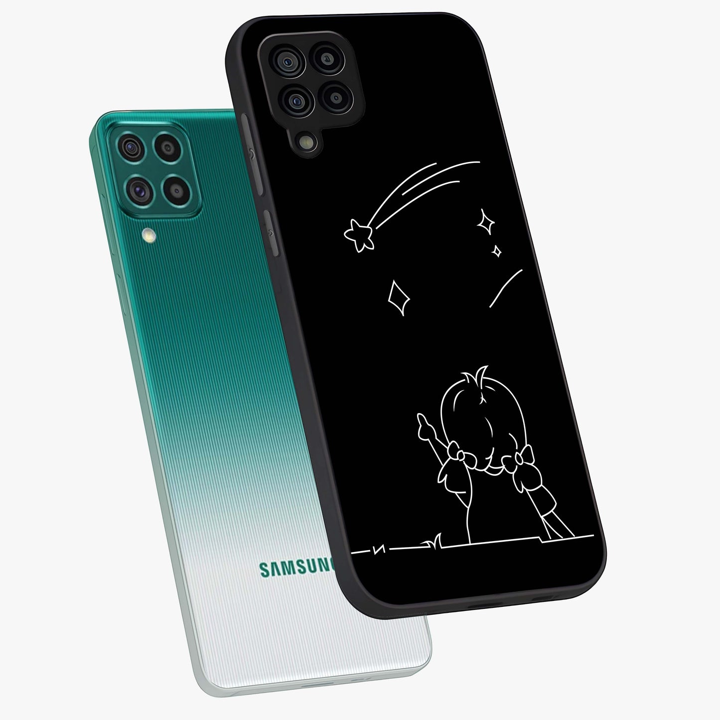 Line Art Girl With Shooting Stars Glass Case displayed in angled mockup highlighting elegant line art design with dreamy star aesthetic.