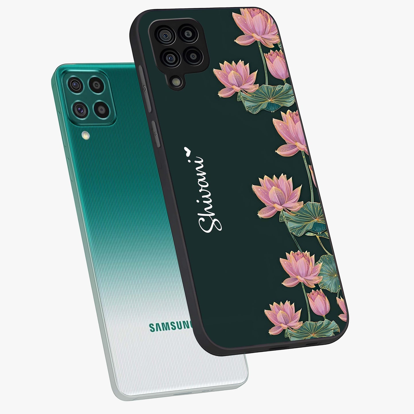 Lotus Bloom Serenity Custom Name Glass Case displayed in angled mockup highlighting graceful lotus illustration with custom name feature.