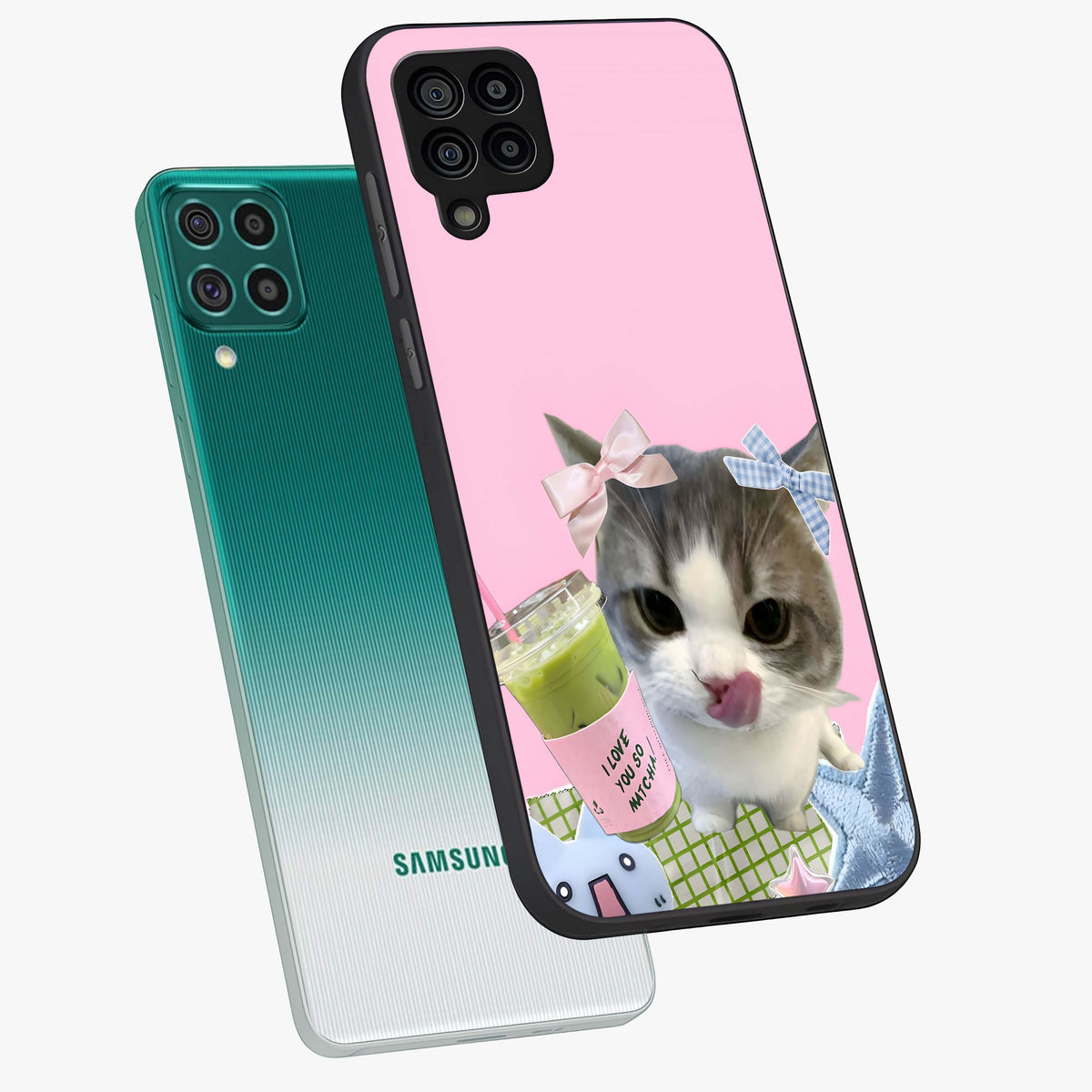 Love Matcha Cat Glass Case displayed in angled mockup highlighting playful feline illustration with cozy matcha aesthetic.