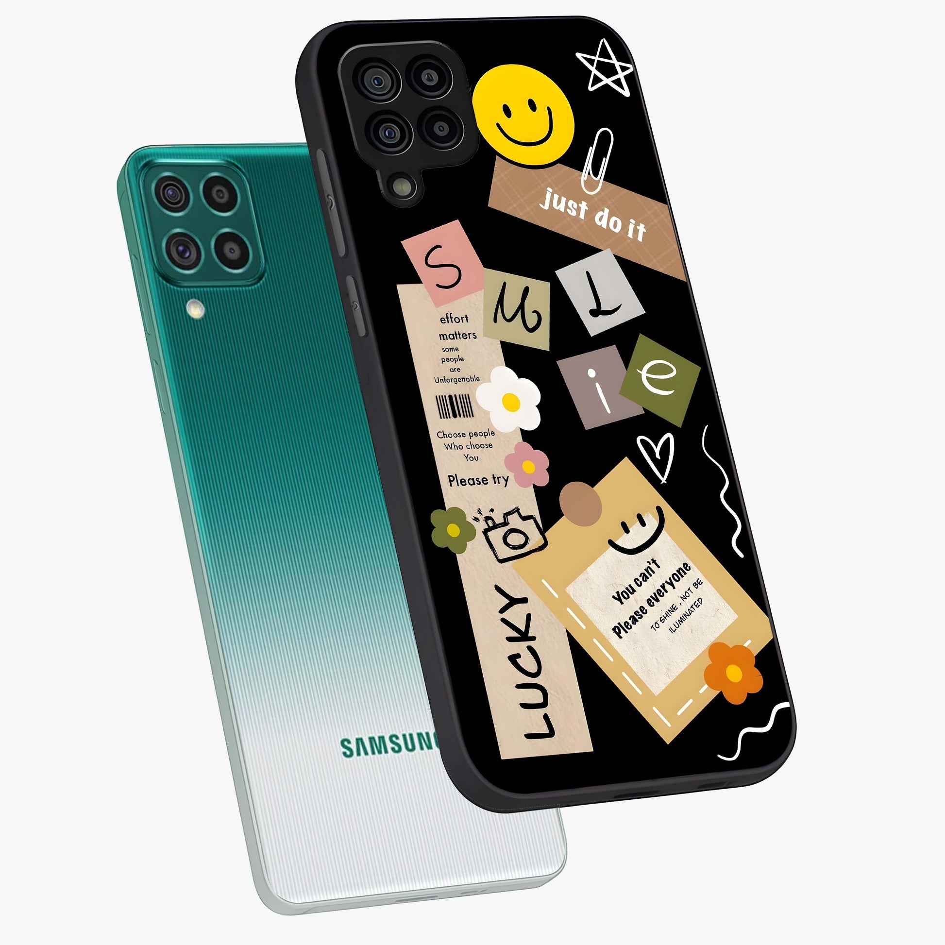 Lucky Aesthetic Collage Glass Case displayed in angled mockup highlighting stylish collage pattern with modern aesthetic vibe.