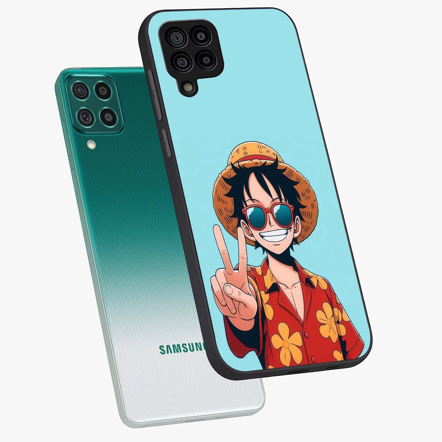 Luffy Summer Anime Vibe Glass Case displayed in angled mockup highlighting energetic anime illustration with summer vibe aesthetic.