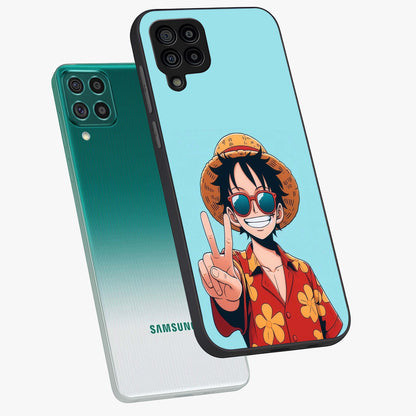 Luffy Summer Anime Vibe Glass Case displayed in angled mockup highlighting energetic anime illustration with summer vibe aesthetic.