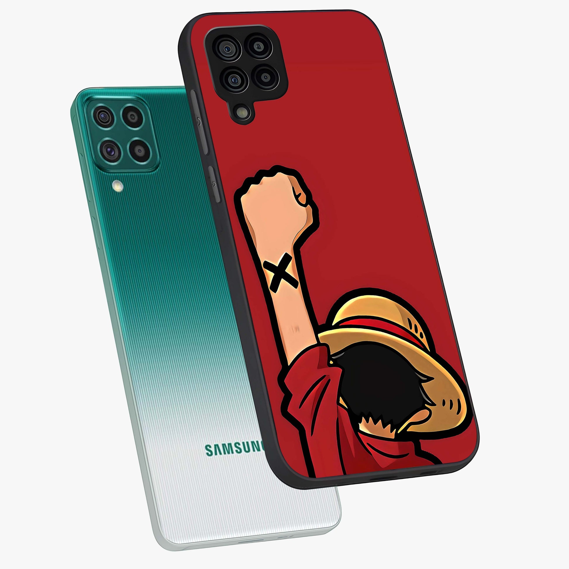 Luffy X Spirit Glass Case displayed in angled mockup highlighting powerful anime design with energetic action aesthetic.