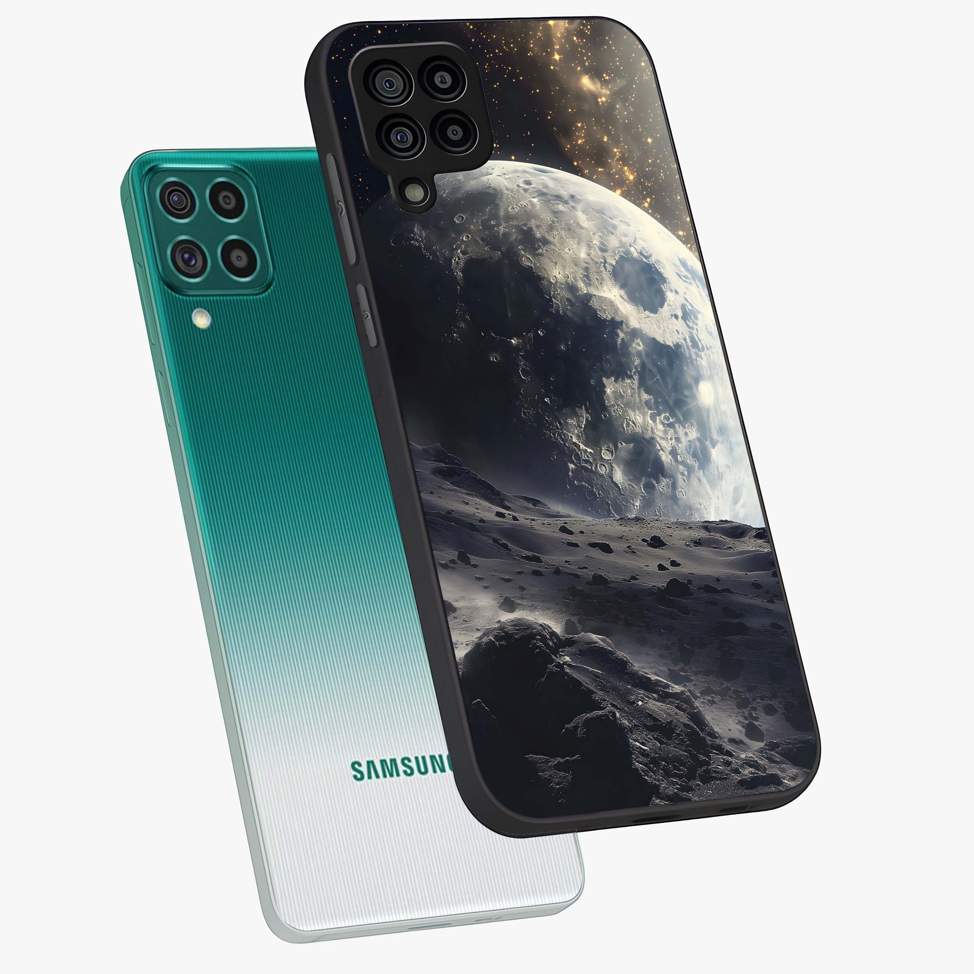 Lunar Horizon Glow Glass Case displayed in angled mockup highlighting celestial moon design with dreamy night aesthetic.