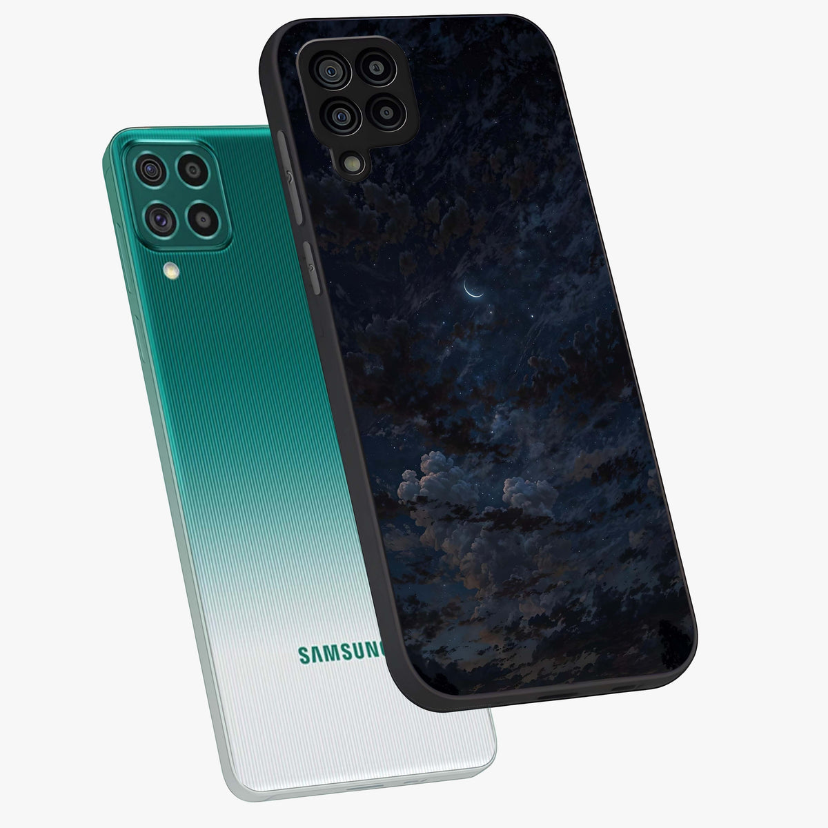 Lunar Veil Silence Glass Case displayed in angled mockup highlighting soft lunar design with peaceful celestial aesthetic.