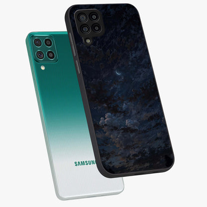 Lunar Veil Silence Glass Case displayed in angled mockup highlighting soft lunar design with peaceful celestial aesthetic.