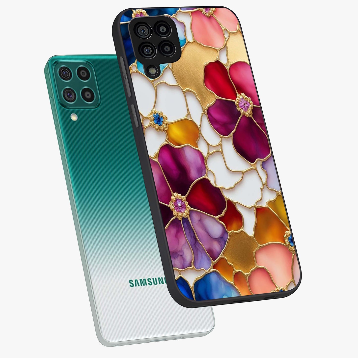 Marble Flower Pattern Glass Case displayed in angled mockup highlighting elegant marble floral design with modern aesthetic.