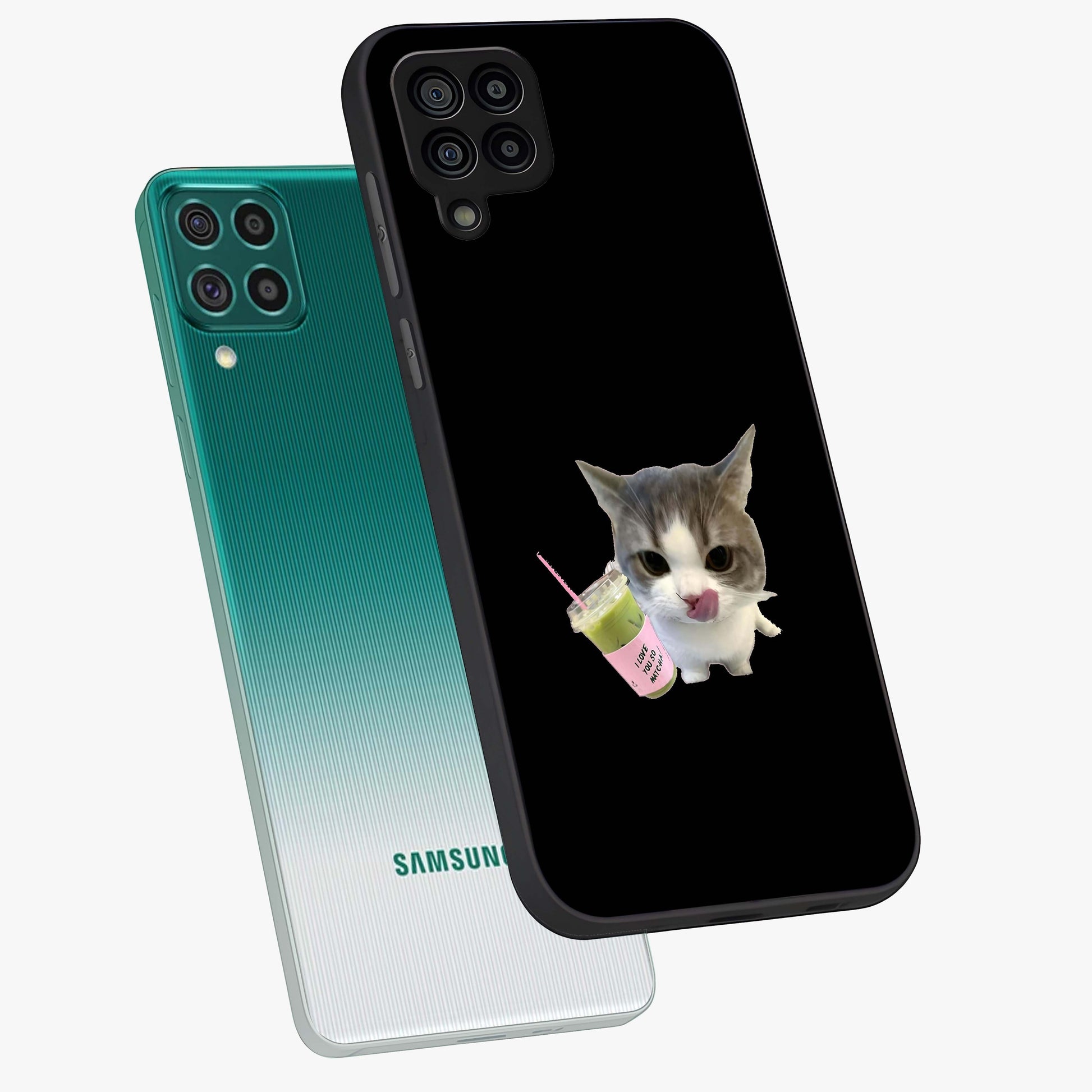 Matcha Cat Style Glass Case displayed in angled mockup highlighting playful feline design with pastel matcha aesthetic.