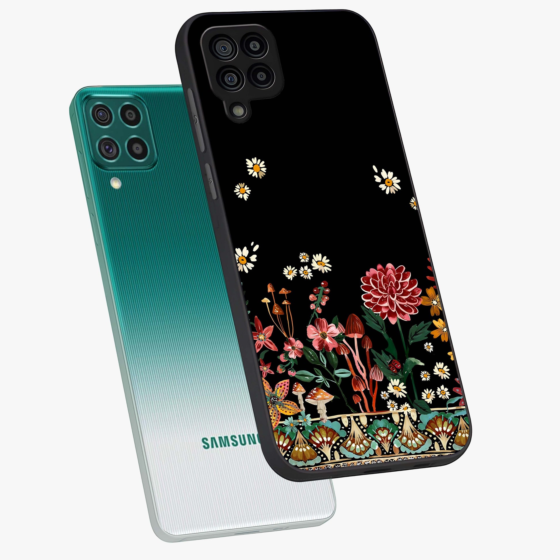 Midnight Bloom Pattern Glass Case displayed in angled mockup highlighting elegant flower design with midnight aesthetic style.