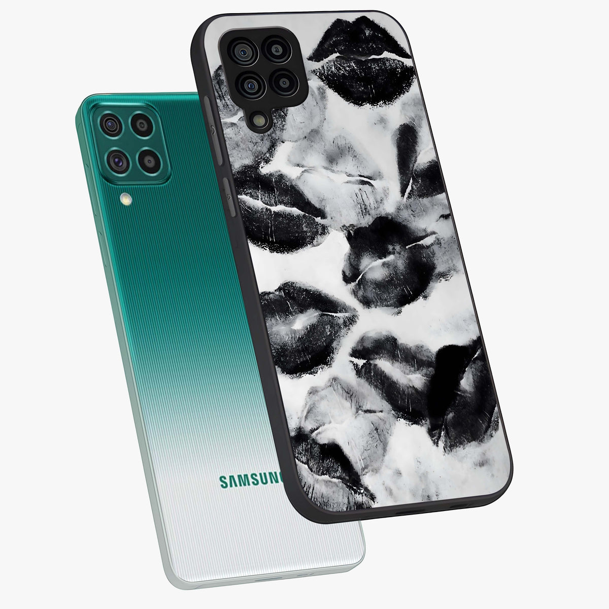 Midnight Kiss Marks Glass Case displayed in angled mockup highlighting playful romantic design with bold midnight aesthetic.
