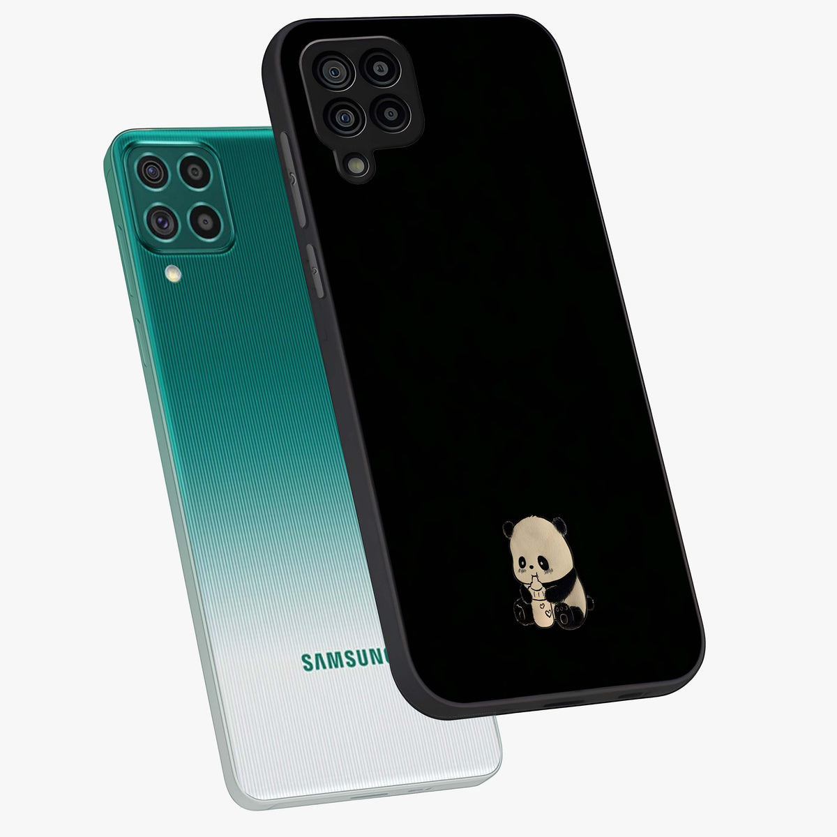 Midnight Panda Love Glass Case displayed in angled mockup highlighting adorable panda illustration with midnight aesthetic.