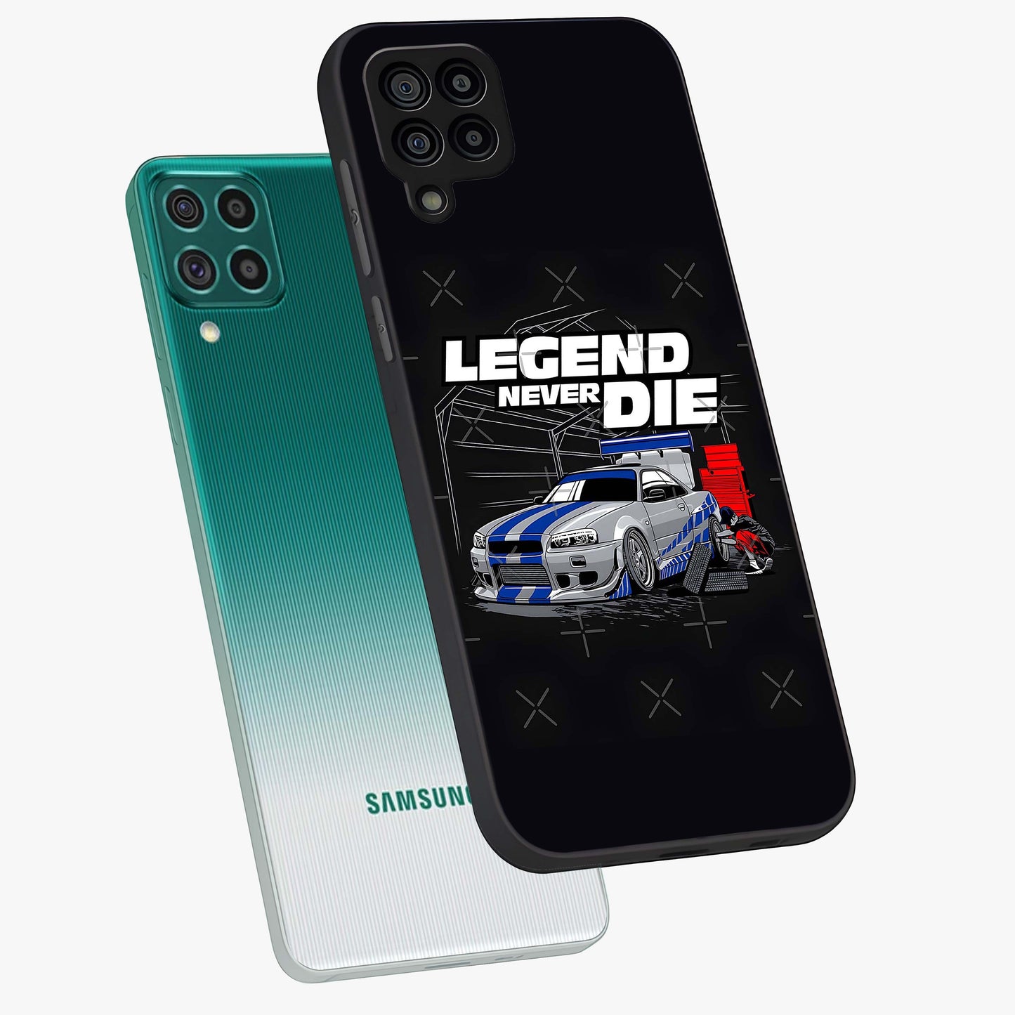 Midnight Racing Legacy Glass Case displayed in angled mockup highlighting dynamic automotive design with bold midnight aesthetic.
