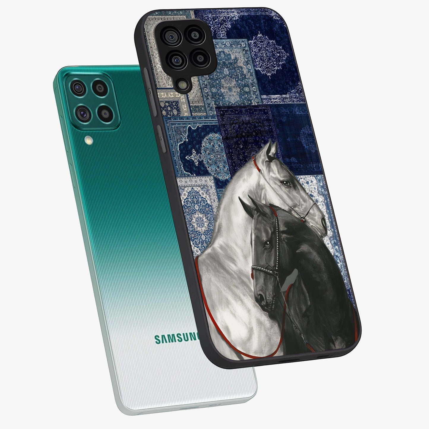 Midnight Stallion Blues Glass Case displayed in angled mockup highlighting powerful stallion illustration with deep midnight tones.