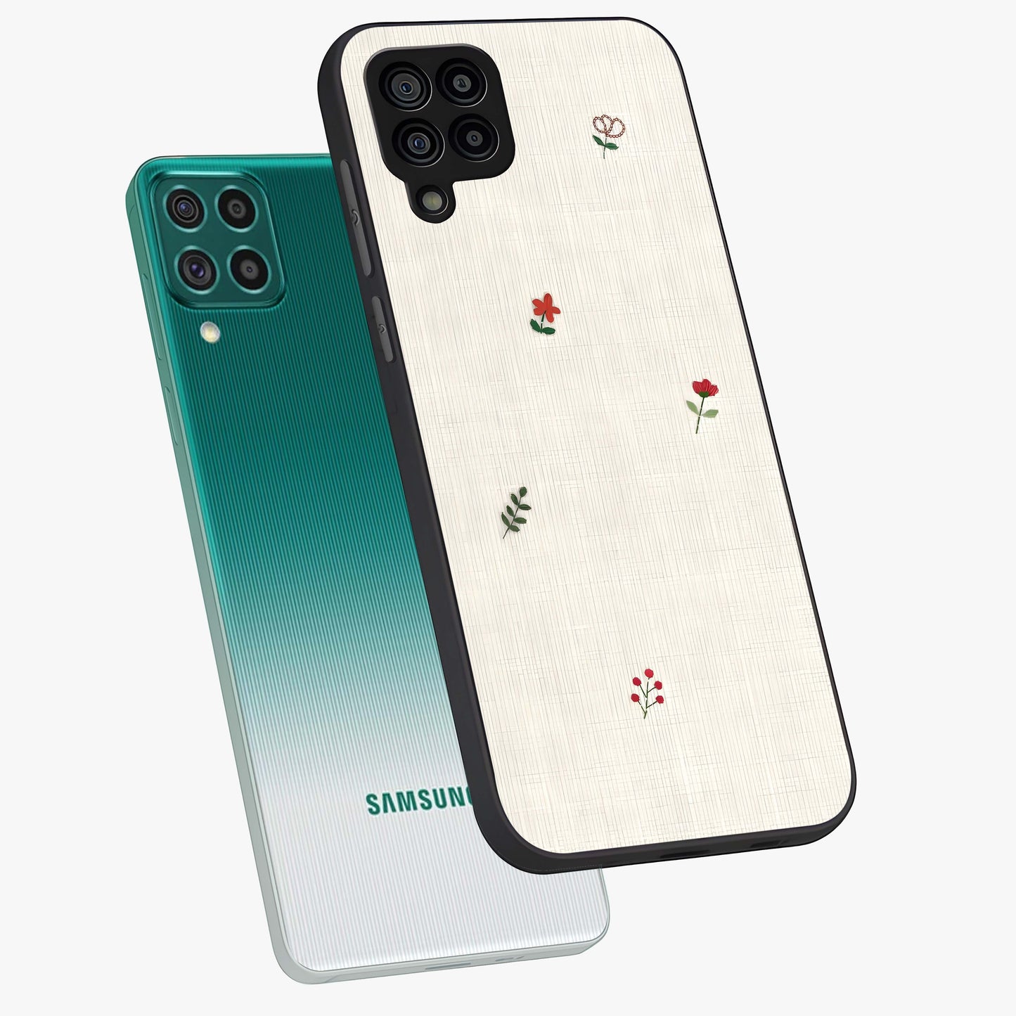 Minimalistic Blue With White Flower Pattern Glass Case displayed in angled mockup highlighting simple floral design with minimal aesthetic.