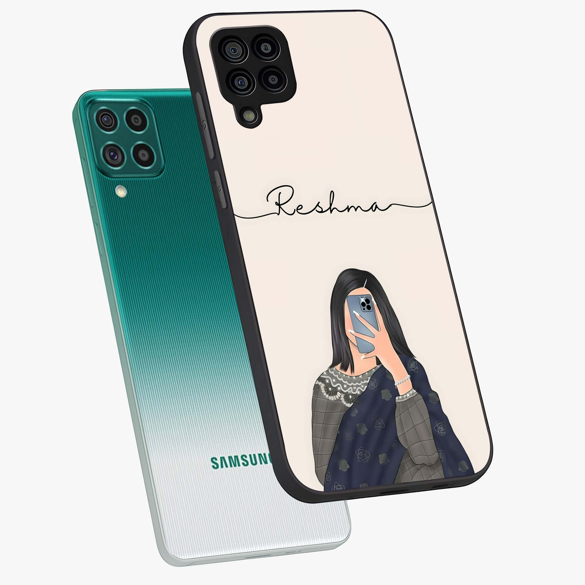 Mirror Mood Muse With Custom Name Glass Case displayed in angled mockup highlighting aesthetic mirror inspired design with custom name feature.