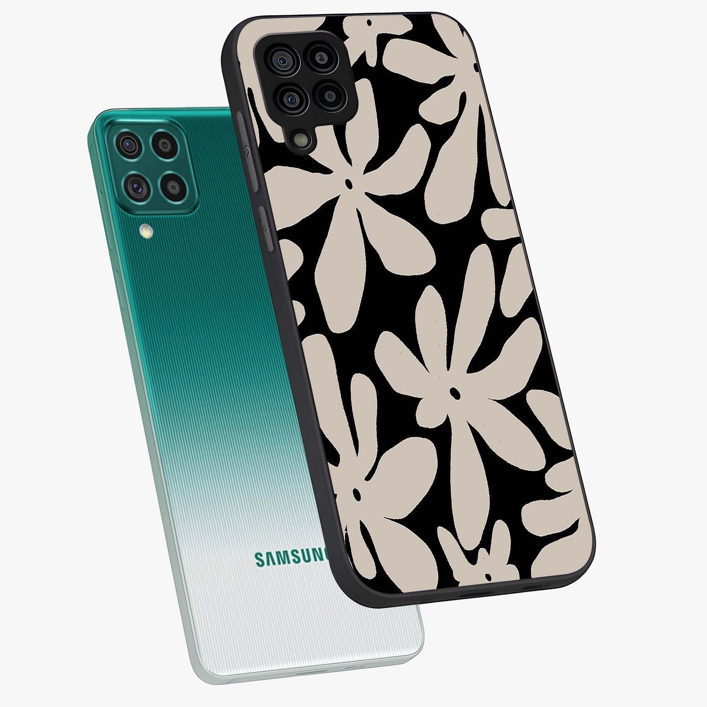 Monochrome Petal Dance Glass Case displayed in angled mockup highlighting elegant petal design with black and white aesthetic.