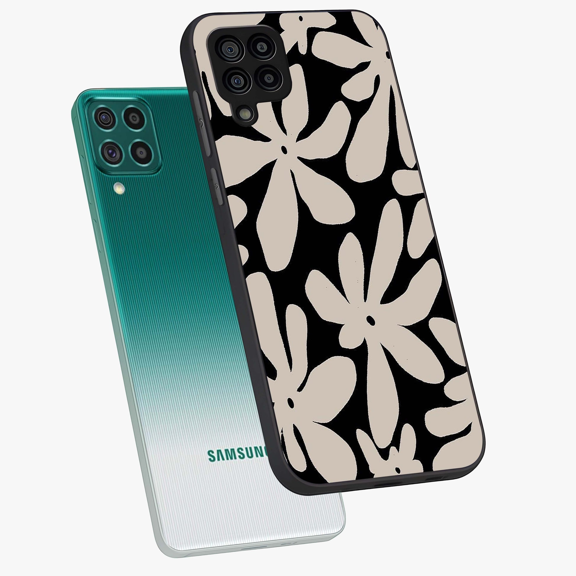 Monochrome Petal Dance Glass Case displayed in angled mockup highlighting elegant petal design with black and white aesthetic.