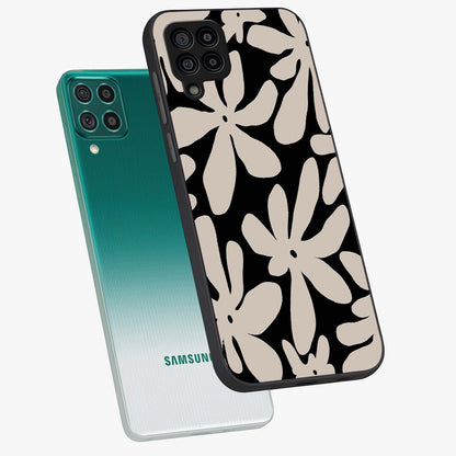 Monochrome Petal Dance Glass Case displayed in angled mockup highlighting elegant petal design with black and white aesthetic.