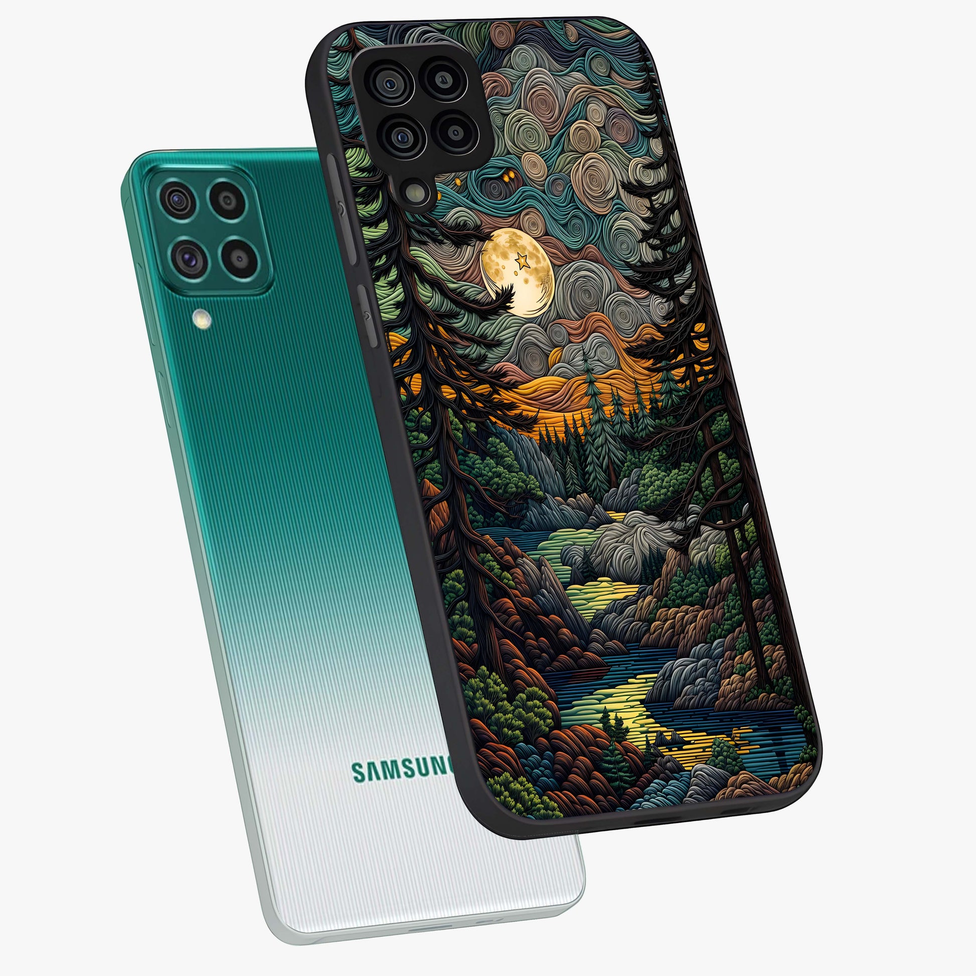 Moonlight Forest Dream Glass Case displayed in angled mockup highlighting dreamy forest design with glowing moon aesthetic.