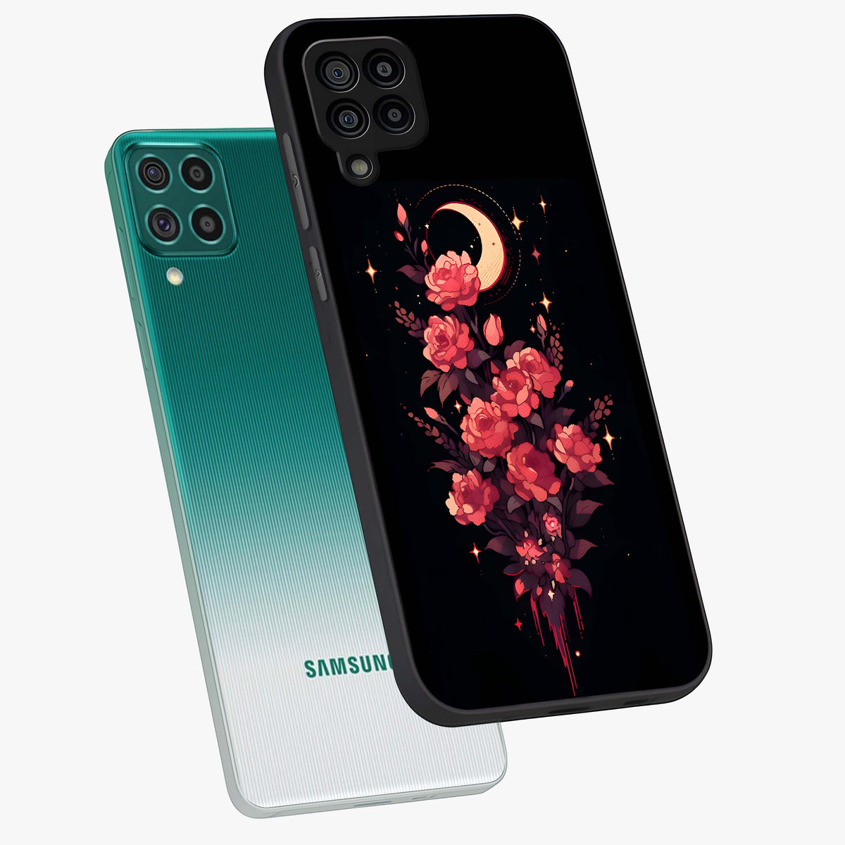 Moonlit Floral Elegance Glass Case displayed in angled mockup highlighting graceful flower design with soft moonlight aesthetic.