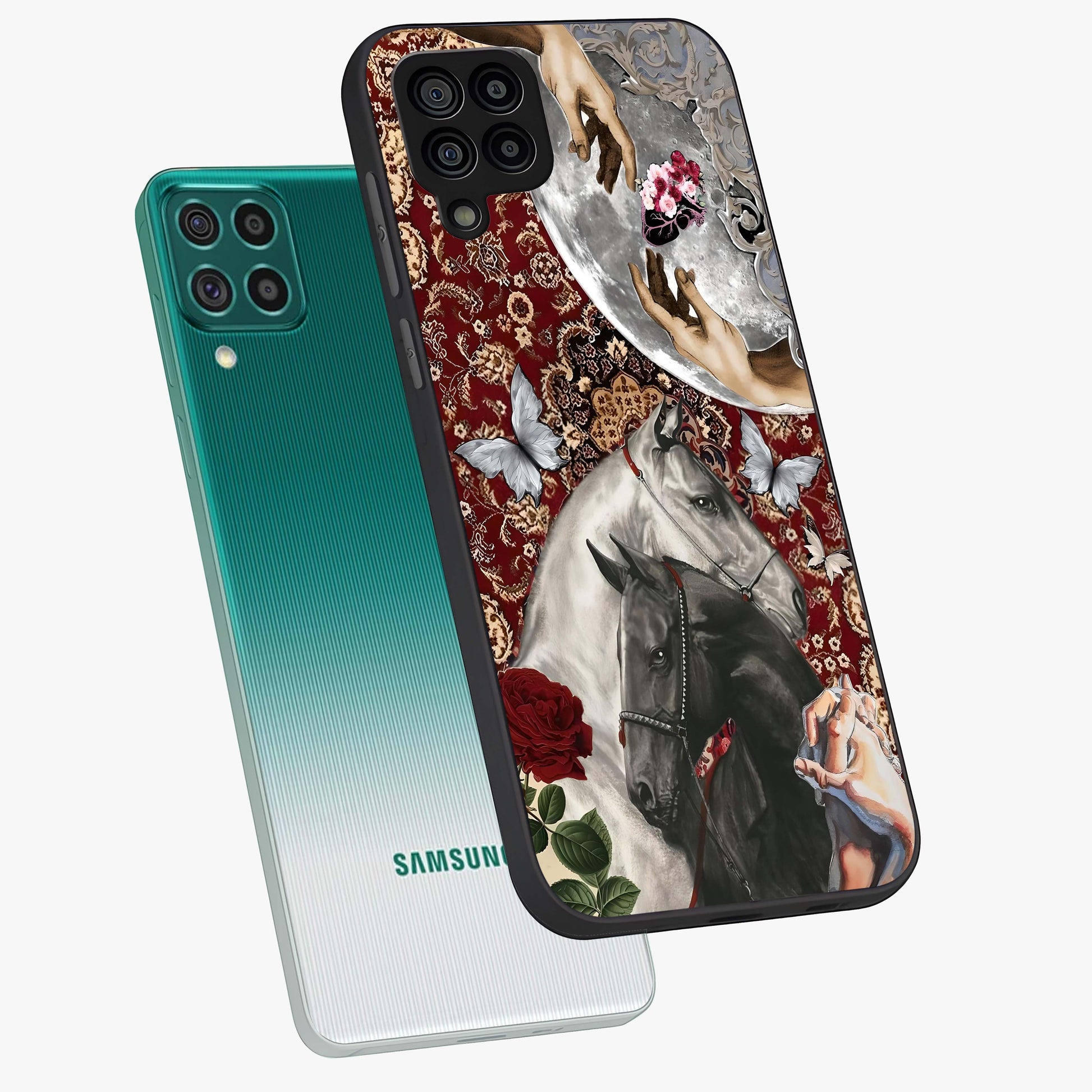 Moonlit Royal Stallion Glass Case displayed in angled mockup highlighting powerful stallion illustration with royal night aesthetic.