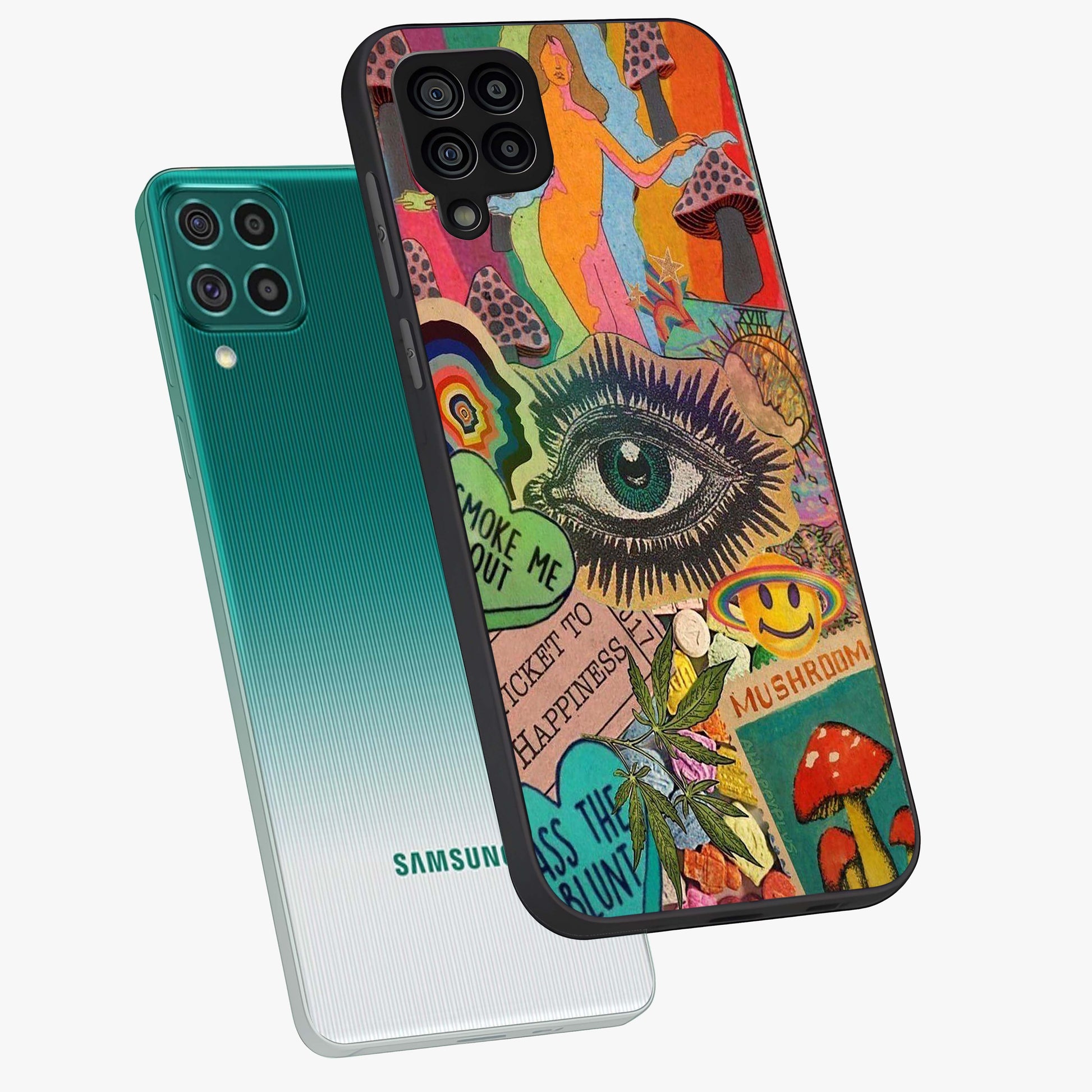 Mystic Eye Wonderland Glass Case displayed in angled mockup highlighting magical eye illustration with dreamy aesthetic.