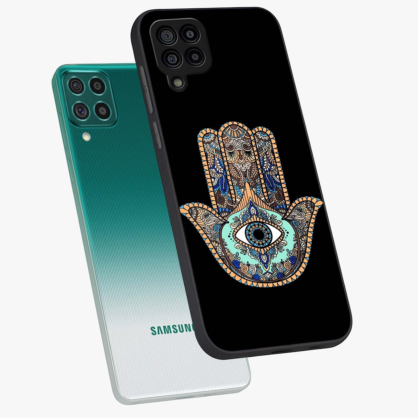 Mystic Hamsa Eye Glass Case displayed in angled mockup highlighting spiritual hamsa symbol with mystical aesthetic style.