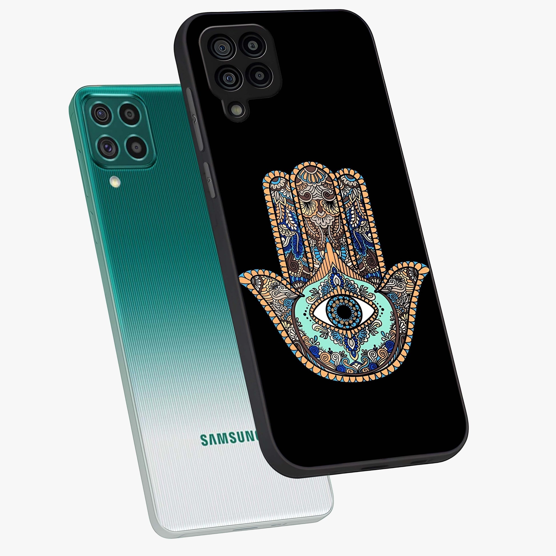 Mystic Hamsa Eye Glass Case displayed in angled mockup highlighting spiritual hamsa symbol with mystical aesthetic style.