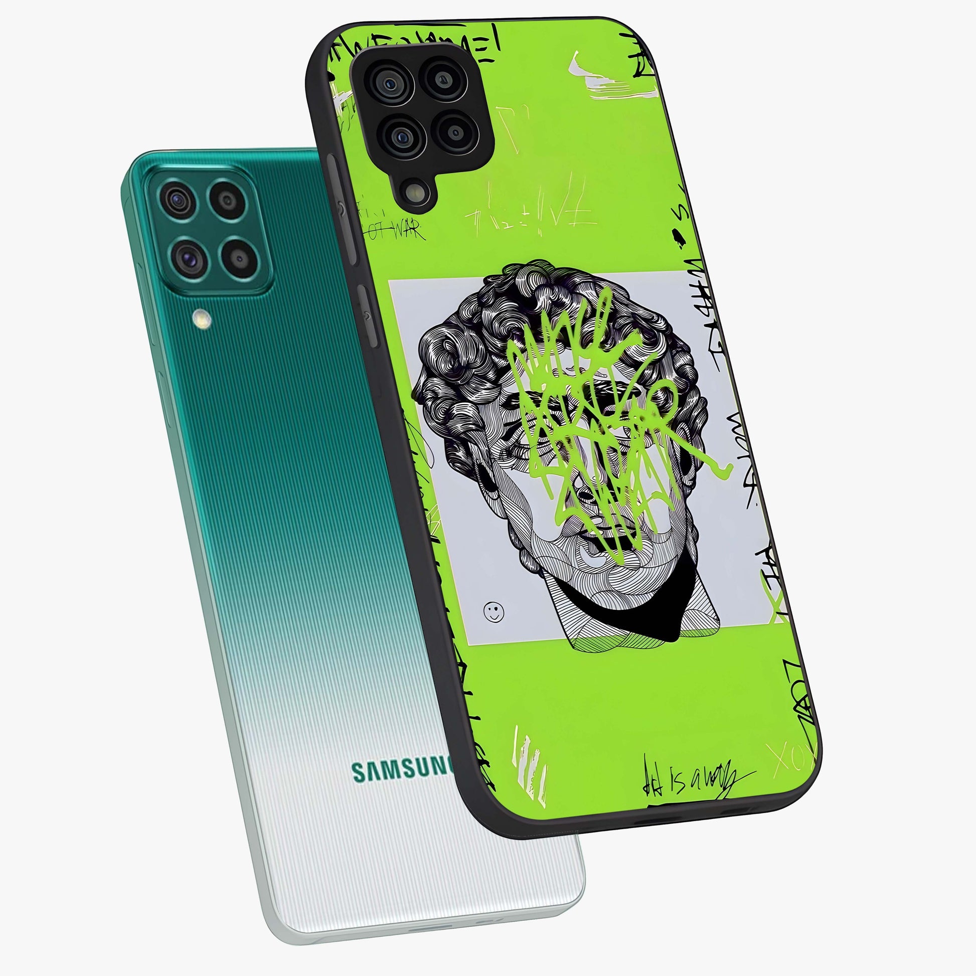 Neo Graffiti Rebellion Glass Case displayed in angled mockup highlighting urban street art design with rebellious aesthetic.