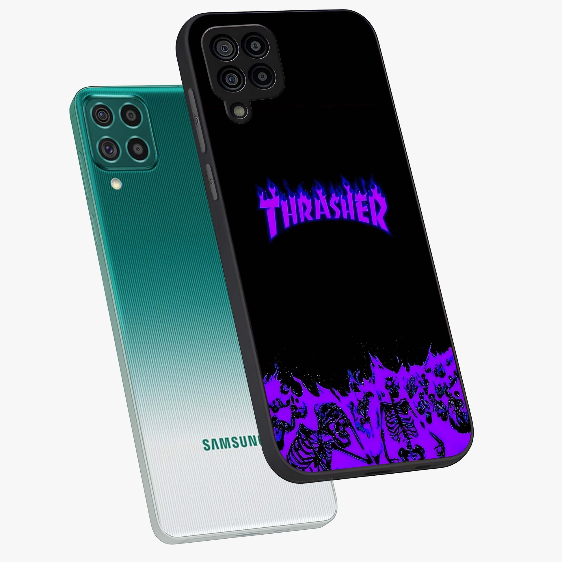 Neon Flame Riot Glass Case displayed in angled mockup highlighting glowing flame design with vibrant neon aesthetic.