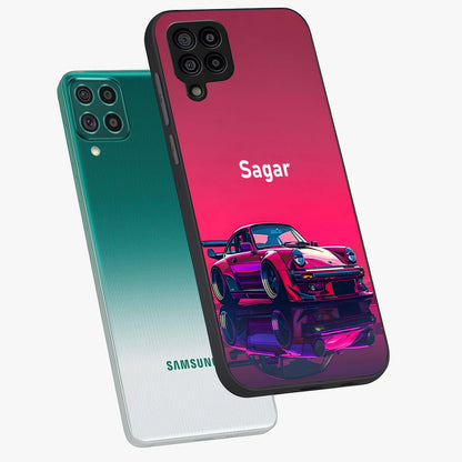 Neon Pink Porsche Glass Case displayed in angled mockup highlighting sleek neon pink car design with racing aesthetic.