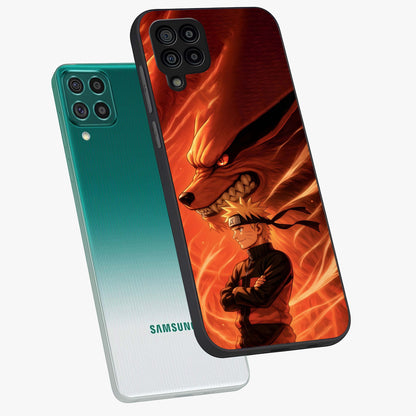Nine Tails Legacy Glass Case displayed in angled mockup highlighting dynamic anime beast illustration with bold mystical aesthetic.