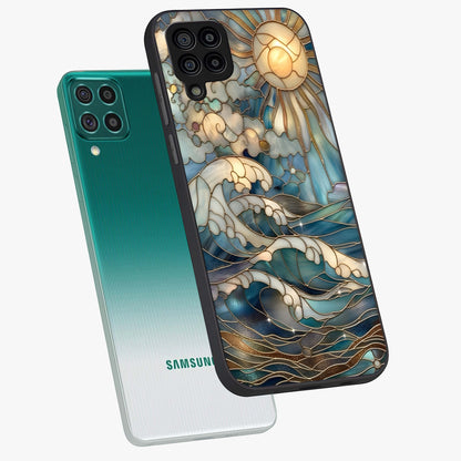 Oceanic Stained Printed Glass Case displayed in angled mockup highlighting colorful aquatic design with artistic aesthetic style.