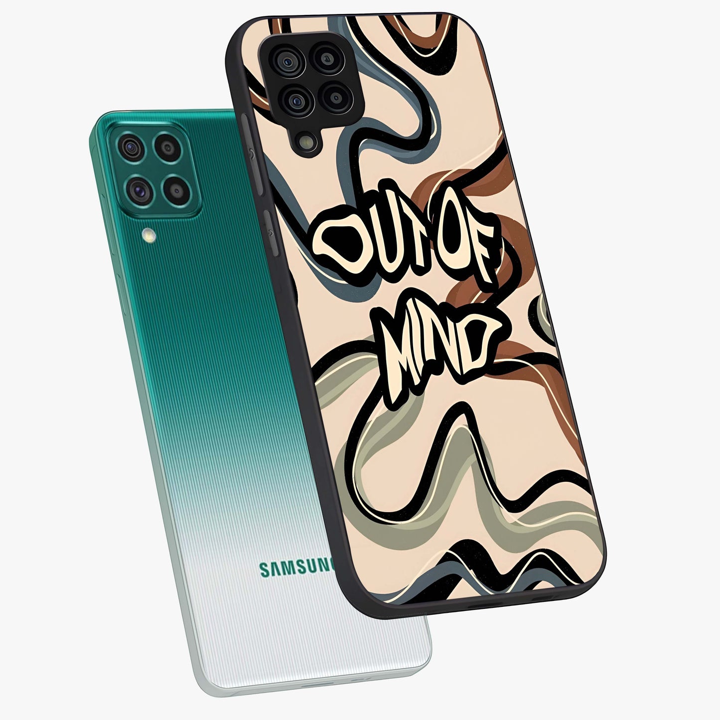 Out Of Mind Glass Case displayed in angled mockup highlighting bold statement design with modern artistic aesthetic.