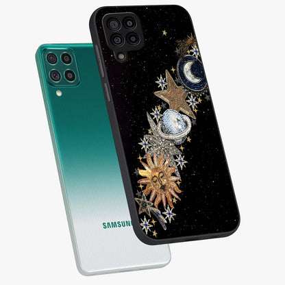 Pearls Universe Object Glass Case displayed in angled mockup highlighting celestial pearl design with dreamy aesthetic.