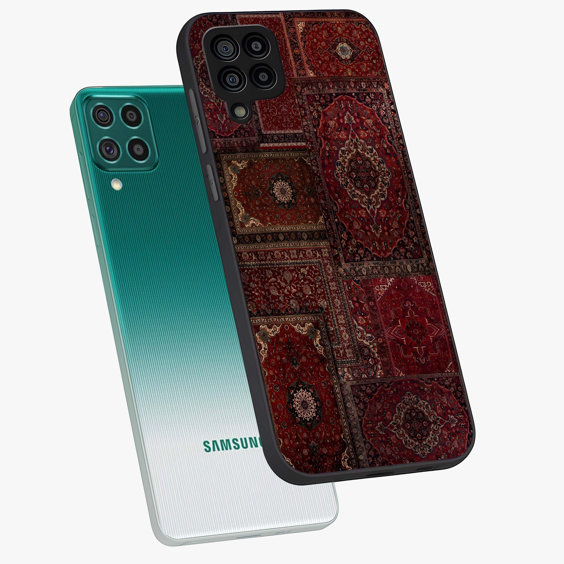 Persian Velvet Tale Glass Case displayed in angled mockup highlighting ornate textile inspired design with royal aesthetic.