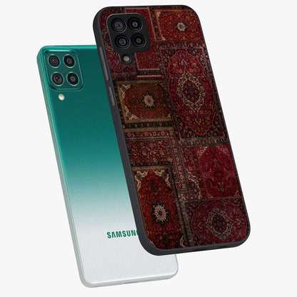 Persian Velvet Tale Glass Case displayed in angled mockup highlighting ornate textile inspired design with royal aesthetic.