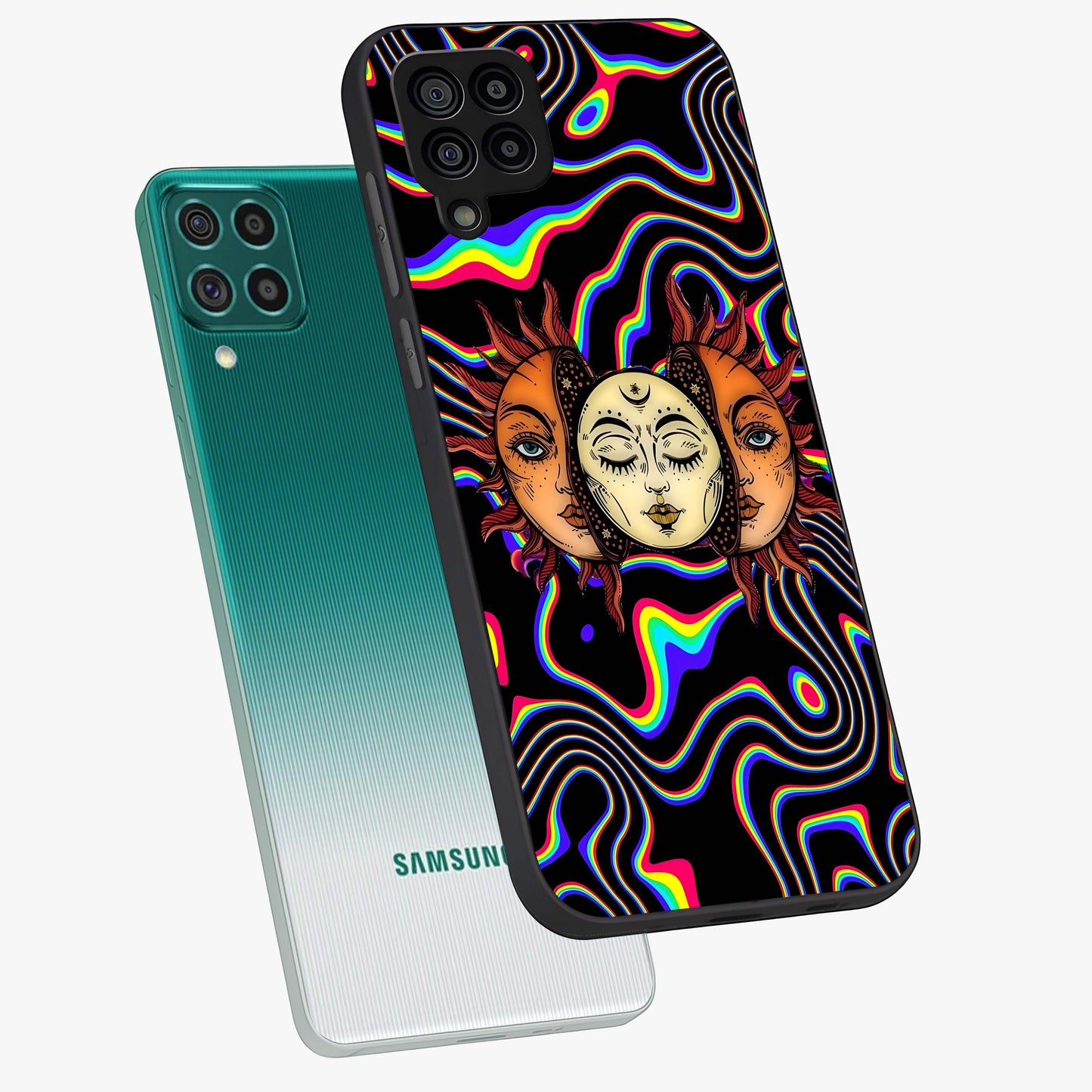 Psychedelic Sun Glass Case displayed in angled mockup highlighting vibrant abstract sun design with artistic aesthetic style.