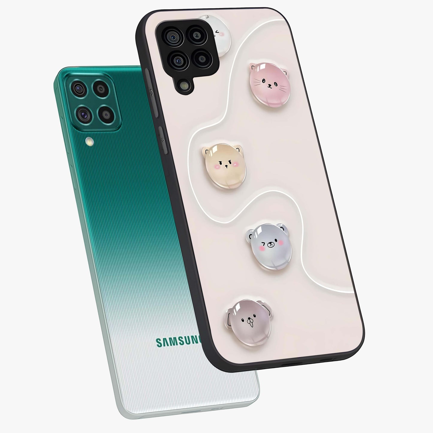 Puffy Face Parade Glass Case displayed in angled mockup highlighting playful cartoon face design with fun aesthetic.