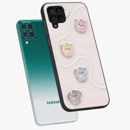 Puffy Face Parade Glass Case displayed in angled mockup highlighting playful cartoon face design with fun aesthetic.