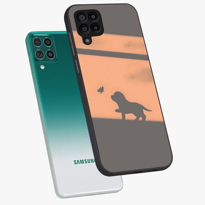 Puppy Shadow Art Glass Case displayed in angled mockup highlighting playful dog illustration with artistic shadow aesthetic.