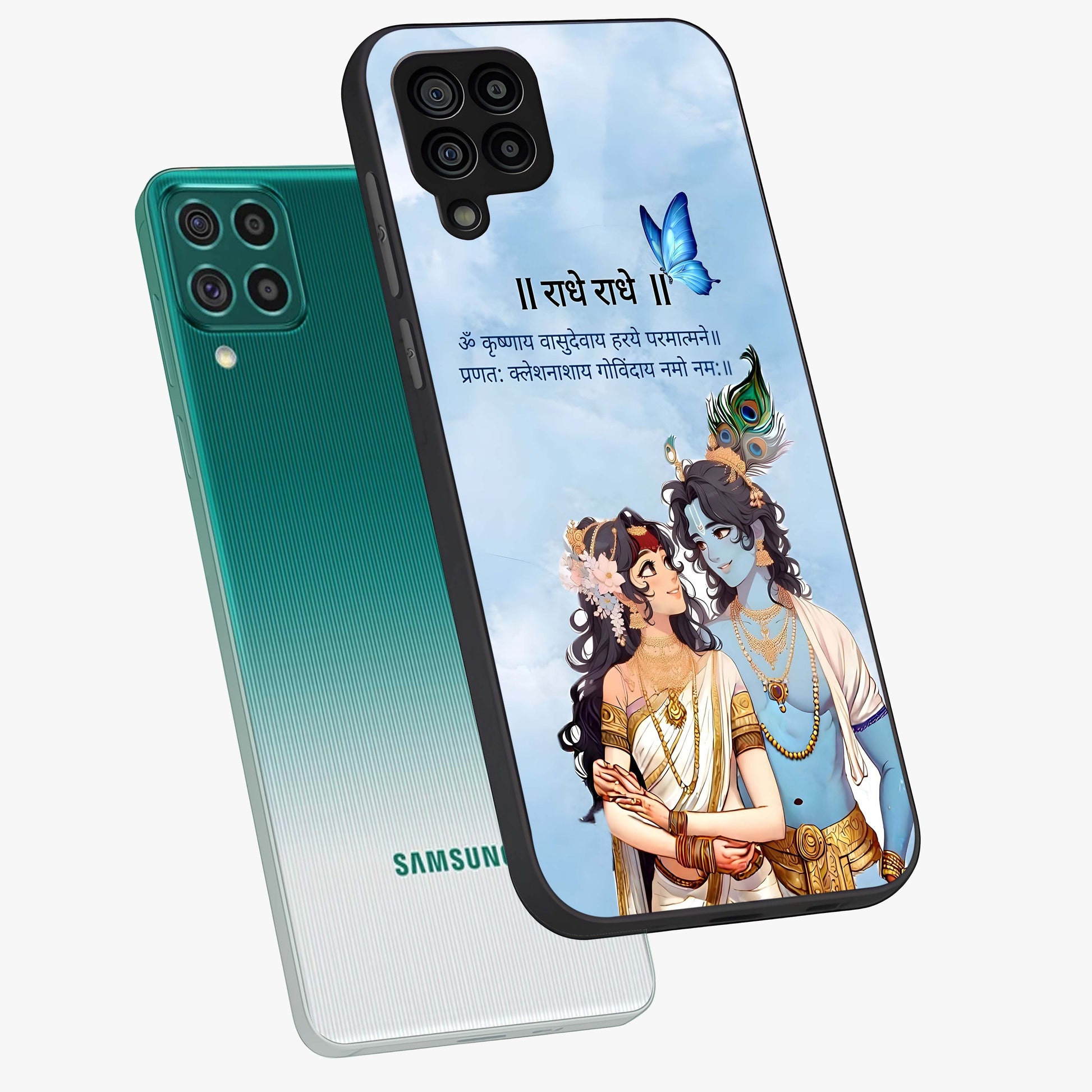 Radha Krishna Eternal Glass Case displayed in angled mockup highlighting divine Radha Krishna illustration with spiritual aesthetic.